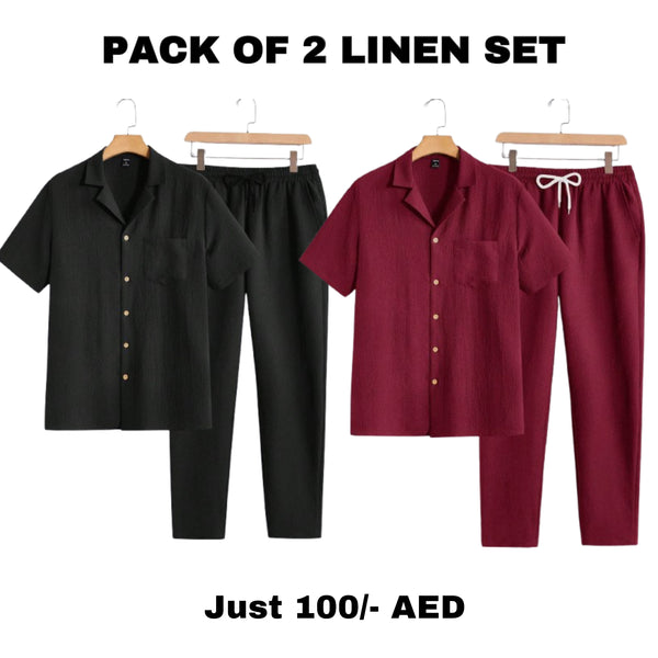 "Pack of 2 Men's Linen Sets - Short Sleeve Shirt and Drawstring Pants (Black & Maroon)"