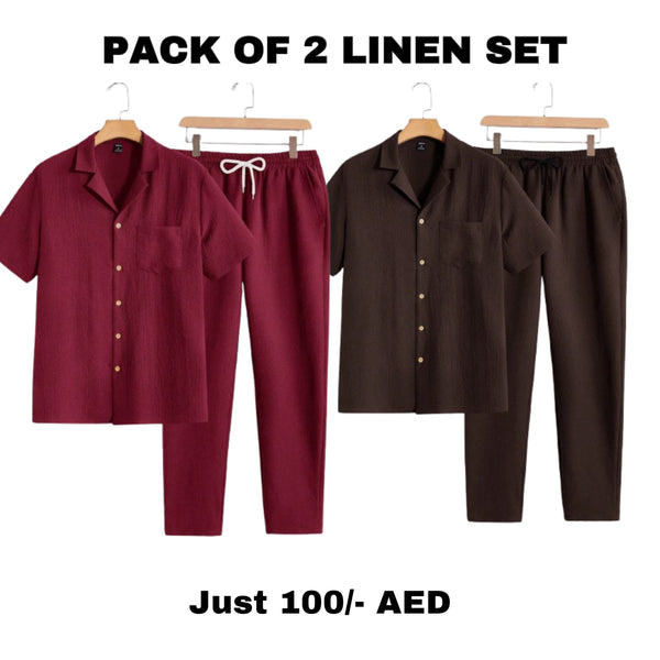 "Pack of 2 Men's Linen Sets - Short Sleeve Shirt and Drawstring Pants (Brown & Maroon)"
