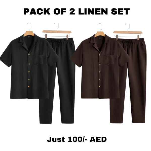 "Pack of 2 Men's Linen Sets - Short Sleeve Shirt and Drawstring Pants (Brown & Black)"