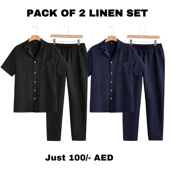 "Pack of 2 Men's Linen Sets - Short Sleeve Shirt and Drawstring Pants (Black & Navy)"