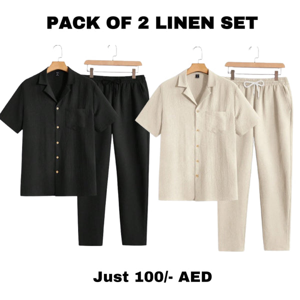 "Pack of 2 Men's Linen Sets - Short Sleeve Shirt and Drawstring Pants (Black &Beige)"