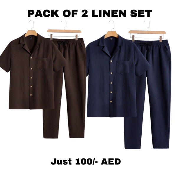 "Pack of 2 Men's Linen Sets - Short Sleeve Shirt and Drawstring Pants (Brown & Navy)"