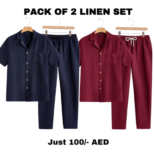 "Pack of 2 Men's Linen Sets - Short Sleeve Shirt and Drawstring Pants (Maroon & Navy)"