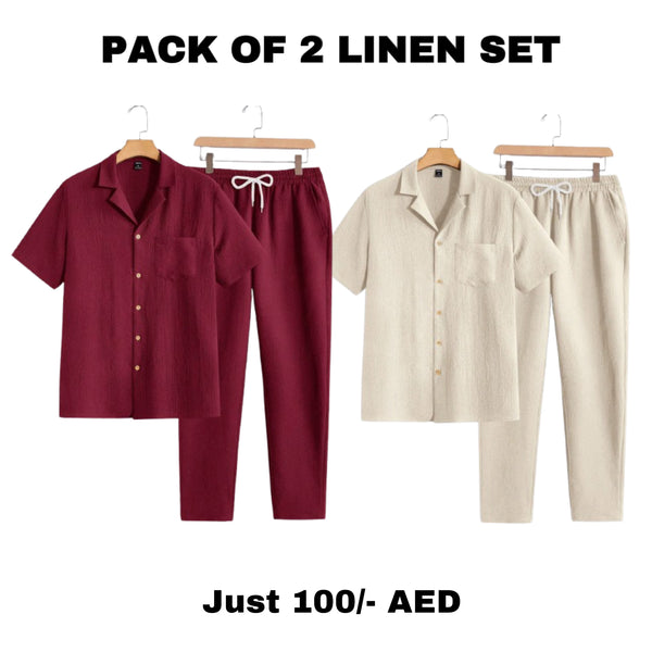"Pack of 2 Men's Linen Sets - Short Sleeve Shirt and Drawstring Pants (Beige & Maroon)"