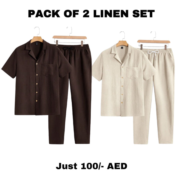 "Pack of 2 Men's Linen Sets - Short Sleeve Shirt and Drawstring Pants (Brown & Beige)"