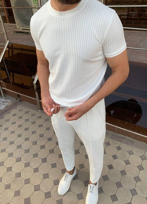 "Men's White Ribbed T-Shirt and Slim-Fit Trousers Set"