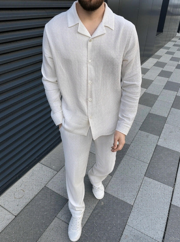 Men's White Full-Sleeve Shirt and Pants Set - Casual Loungewear| NN007