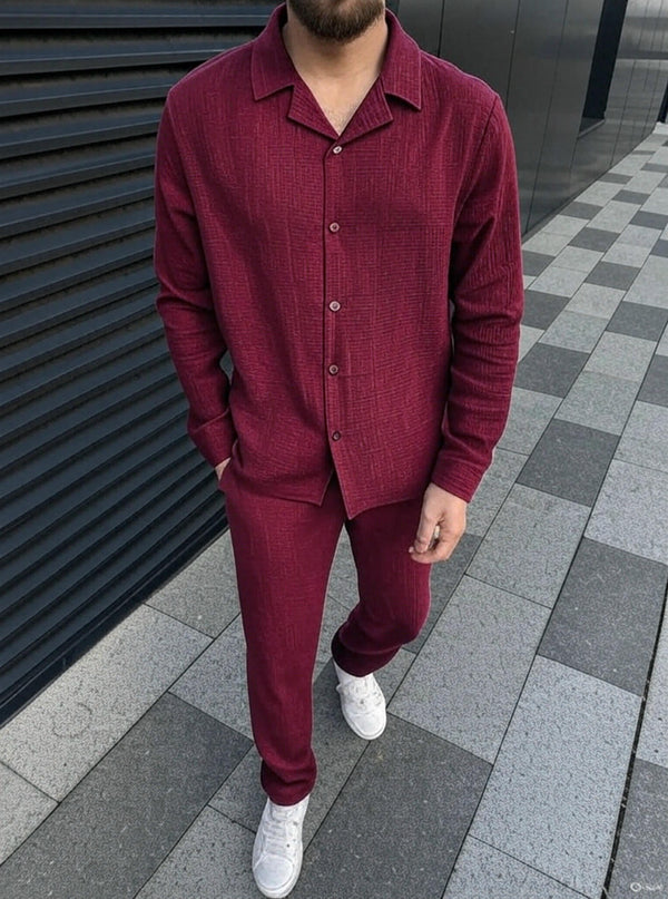 Men's Maroon Full-Sleeve Shirt and Pants Set - Casual Loungewear| NN005