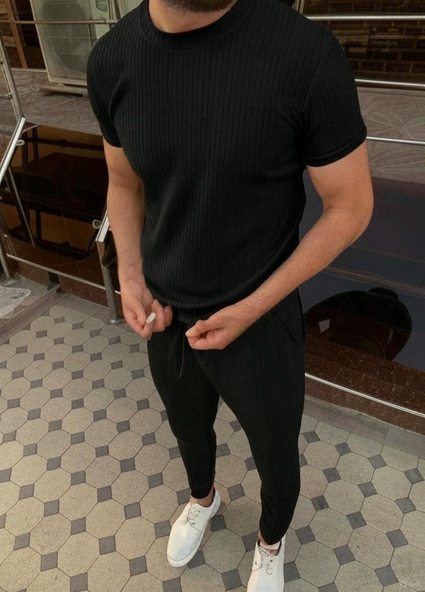 "Men's Black Ribbed T-Shirt and Slim-Fit Trousers Set"