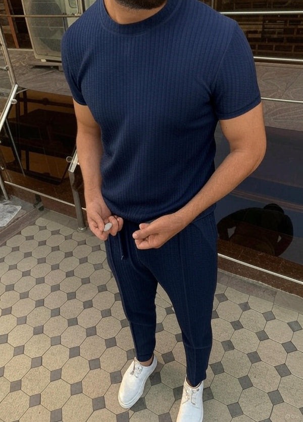 "Men's Navy Blue Ribbed T-Shirt and Slim-Fit Trousers Set"