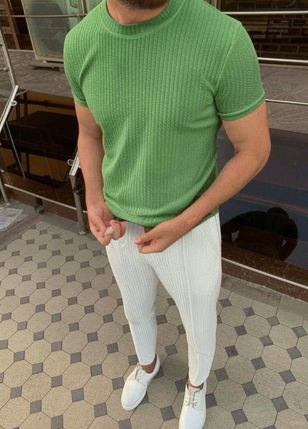 "Men's Green White Ribbed T-Shirt and Slim-Fit Trousers Set"