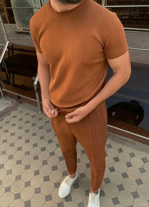 "Men's Brown Ribbed T-Shirt and Slim-Fit Trousers Set"