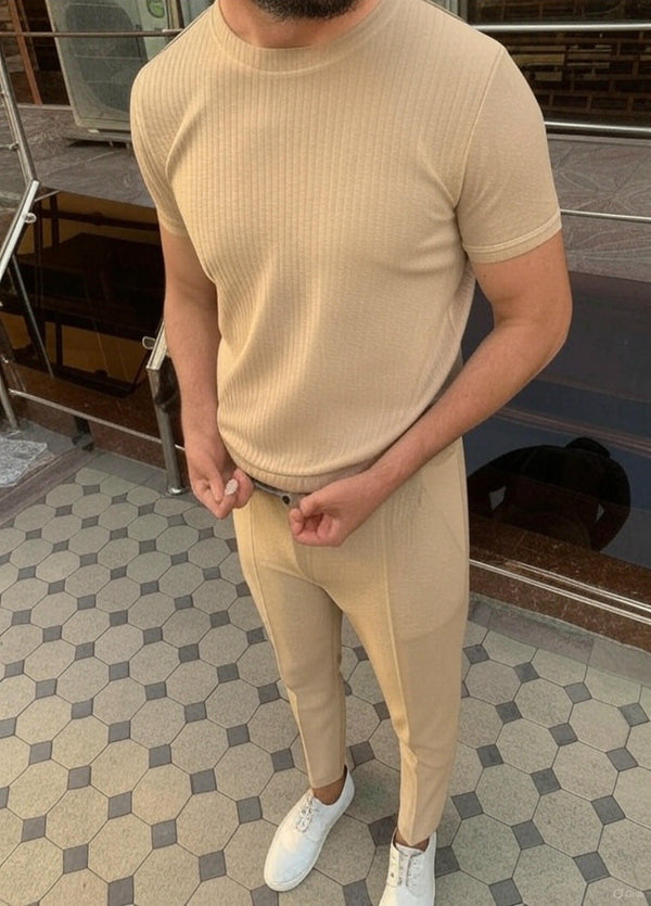"Men's Beige Ribbed T-Shirt and Slim-Fit Trousers Set"