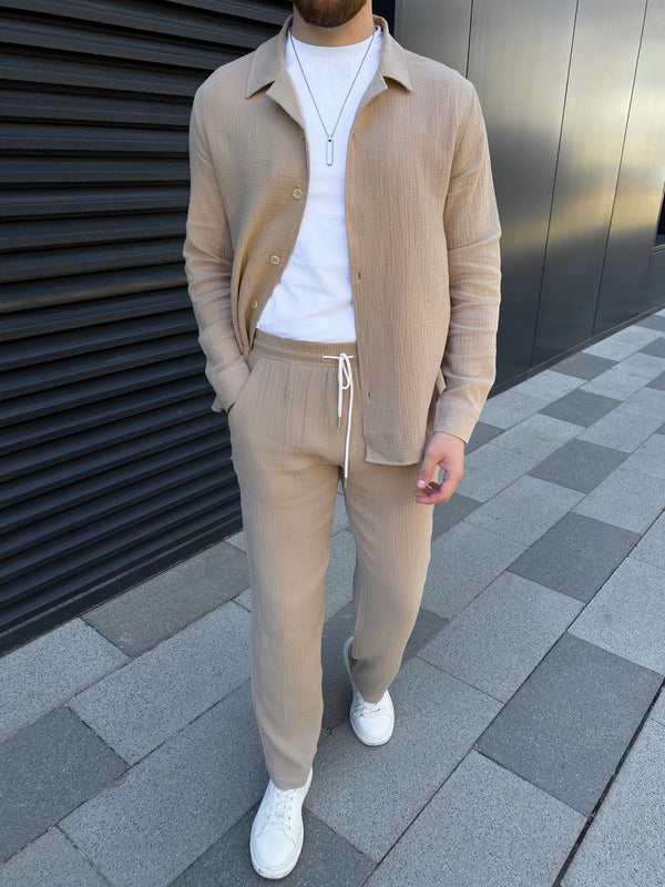 "Men's Beige Linen Lounge Set - Shirt and Drawstring Pants
