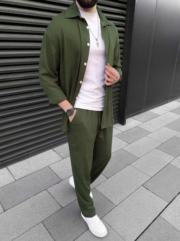 "Men's olive green Linen Lounge Set - Shirt and Drawstring Pants