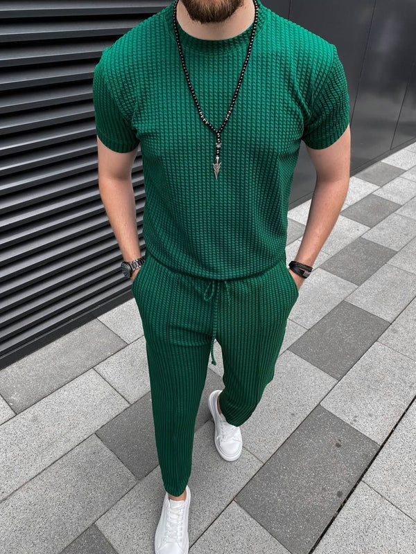 "Men's Ribbed T-Shirt and Slim-Fit Trousers Set"
