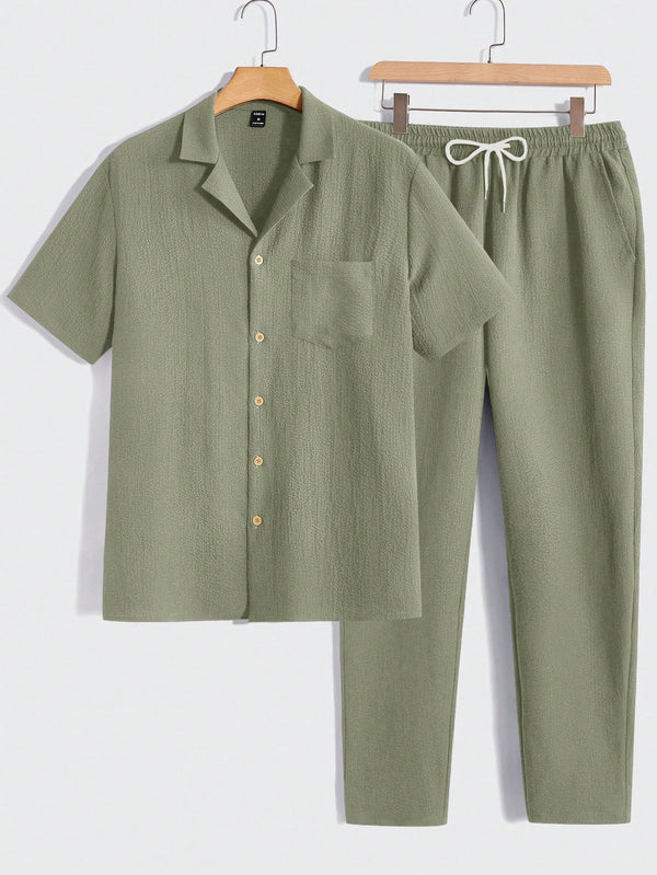 Men's Olive Green Short-Sleeve Shirt and Pants Set - Casual Loungewear|LN002