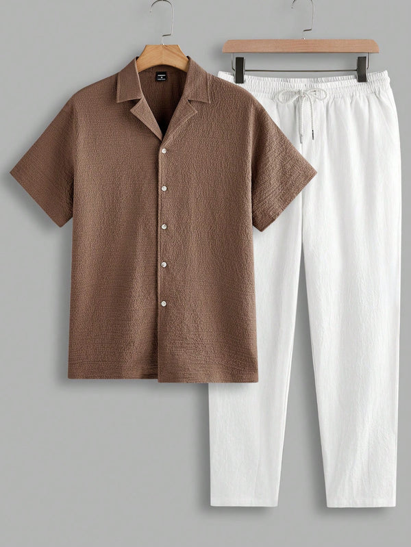 "Textured Short-Sleeve Shirt and White Drawstring Pants Set"